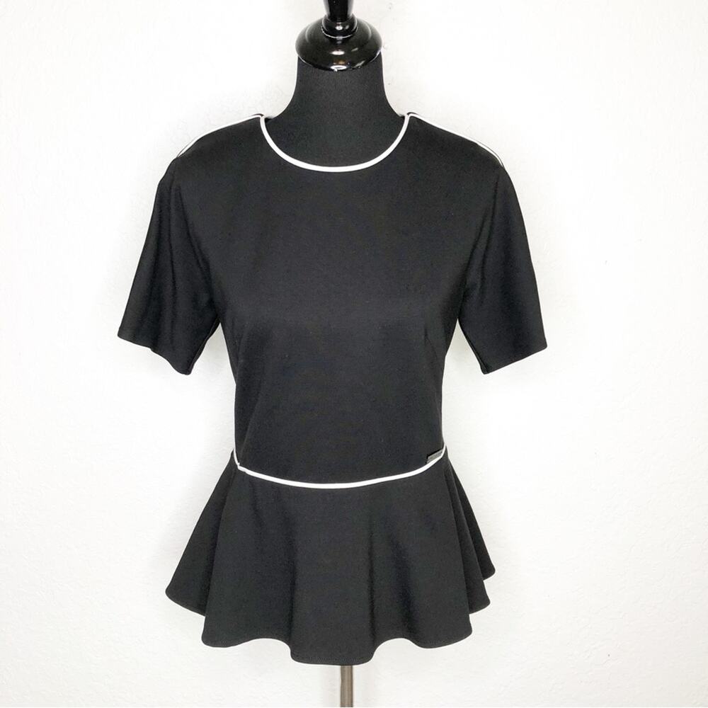 Pink Tartan black zipper back peplum top with white piping size Medium